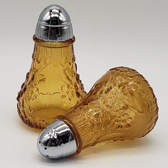 Viking Vintage Amber Glass Daisy Flowers Chrome Lid Salt & Pepper Shaker Set - Picture 6 of 11